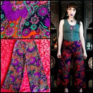 Vintage 1970s Paisley Psychedelic Wide Leg Purple Hippie Boho Bell Bottom Pants